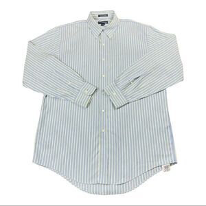 Land’s End Shirt Mens Large L Blue Green Stripe Long‎ Sleeve Button Down Collar